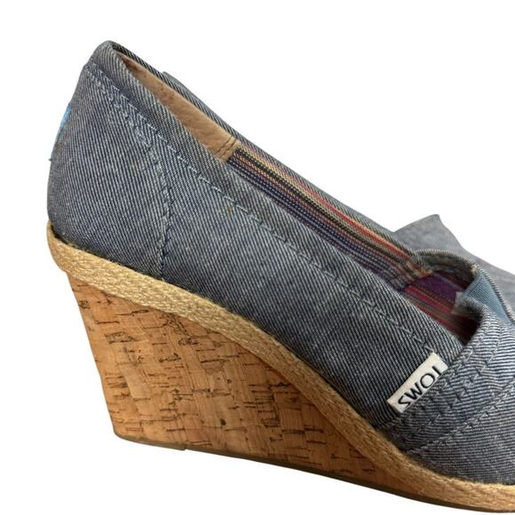 Toms Cork Espadrille Wedge Blue Denim Peep Toe Slip On Shoes Womens sz 7.5 - Picture 12 of 16